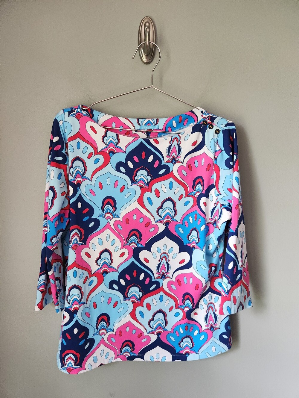 J McLaughlin 3/4 Sleeve Boatneck Shirt Fan/Wave Pattern Size XL